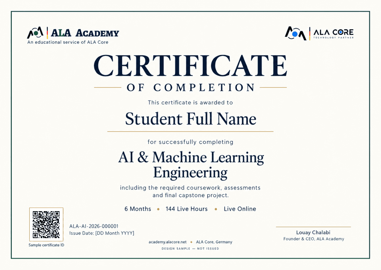 ALA Academy AI and Machine Learning Engineering certificate sample